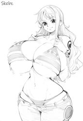  big_breasts bikini_bottom breasts breasts_bigger_than_head cleavage female female_only huge_breasts jeans large_breasts monochrome nami nami_(one_piece) one_piece open_pants post-timeskip shounen_jump skeboo smile watermark  rating:explicit score: user:carolbubby