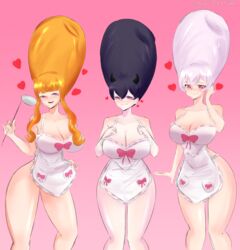 3girls alternate_hairstyle apron beehive_hairdo black_clover black_hair blush bow brainwashing breast_expansion breasts cleavage domestication drool female_only femsub hands_on_breasts hands_on_own_chest happy_trance heart heart_eyes housewife hypnosis invalidtexture ladle large_breasts mimosa_vermillion mind_control naked_apron nero_(black_clover) noelle_silva open_mouth orange_hair pink_eyes secre_swallowtail smile stepfordization symbol_in_eyes white_hair rating:Questionable score:39 user:IzanagiTru