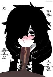 2boys :>= ahoge ai_generated ass big_penis black_hair black_hoodie black_nails black_thighhighs blush caption collarbone dark-skinned_male doomer_boy english_text eyeshadow fellatio femboy from_above gay hair_covering_eye hair_over_one_eye interracial kneeling large_penis looking_up mahiroka messy_hair monochrome nervous on_floor one_eye_obstructed onomatopoeia oral out_of_frame pale-skinned_male pale_skin penis_awe pleading self_upload shiny_skin skindentation spot_color thick_thighs thighhighs two-handed_handjob veiny_penis white_background yaoi rating:Explicit score:709 user:mahiroka