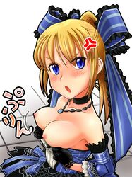 1girls :o anger_vein angry bare_shoulders blonde_hair blue_eyes blush bouncing_breasts bow breasts choker dress_pull fantasy_earth_zero female jewelry necklace no_bra solo urokozuki rating:Explicit score:14 user:bot