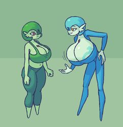 2girls big_breasts blue_suit blushing bo_the_sno breasts cleavage female gardevoir green_body huge_breasts male_symbol orange_eyes pokémon_(species) pokemon red_eyes sensual_smile shiny_pokemon smirk tagme thick_thighs wide_hips rating:Explicit score:8 user:Ballcards