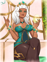 1girls big_breasts cleavage crown dark-skinned_female dark_skin dazol eyeshadow female female_only glass humanoid jewelry large_breasts league_of_legends lipstick long_hair looking_at_viewer necklace princess qiyana_yunalai solo tagme throne toned toned_female white_hair wine wine_glass rating:Questionable score:35 user:lacacorra