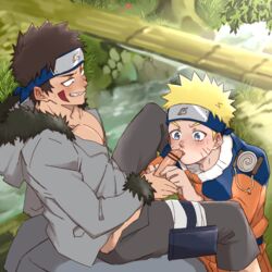 2boys black_eyes blonde_hair blowjob blue_eyes blush brown_hair clenched_teeth clothed clothed_sex clothing erection facepaint fellatio forehead_protector fully_clothed gay grin hachikou_nameko headband holding_penis inuzuka_kiba jacket male male/male male_only naruto naruto_(classic) naruto_(series) nature oral outdoors outside penis sex sitting smirk sweat sweatdrop tan_skin teenager twink uzumaki_naruto uzumaki_naruto whisker_markings whiskers yaoi yellow_hair rating:Explicit score:47 user:kurosara