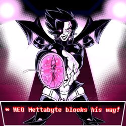 1:1 alternate_universe breast_squish breasts female glowing glowing_eyes hair hi_res humanoid looking_at_viewer machine mettabyte mettaton mettaton_neo penetrable_sex_toy robot rule_63 sex_toy short_hair smile smirk solo spotlight squish text thewill under(her)tail undertale video_games rating:Explicit score:35 user:bot