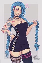 armpits biting biting_tongue black_dress blue_hair blush braid bullet bullet_necklace choker clothed collarbone dress ear_piercing earrings eyebrow_piercing female female_only fishnet_stockings fit hair_accessory hair_clip hand_on_hip holding_hair iahfy jinx_(league_of_legends) league_of_legends long_hair looking_at_viewer mini_dress mismatched_thighhighs necklace no_bra no_panties piercing piercings pink_eyes ripped_clothing ripped_thighhighs small_breasts smirk tattoo thighhighs thighs tight_clothing tongue_piercing twin_braids twintails rating:Questionable score:336 user:Felicia_kel