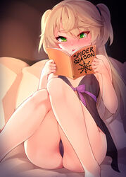 blonde_hair blushing female_only fischl_(genshin_impact) genshin_impact green_eyes kerasu reading ricegnat sole_female tagme rating:Explicit score:168 user:bot