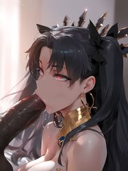 1boy 1girls accessory ai_generated bare_shoulders big_balls big_penis black_hair blowjob crown dark-skinned_male dripping_wet earrings exposed_shoulders eyelashes eyes_rolling_back fate/grand_order fate_(series) female ishtar_(fate) ishtar_(fate/grand_order) lipstick looking_pleasured male mirham neckwear penis red_eyes ribbons saliva_string saliva_trail sucking sucking_penis twintails wet rating:Explicit score:194 user:hina_cos