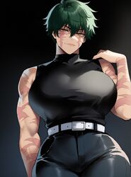 1girls ai_generated black_shirt breasts burn_scar female golden_eyes huge_breasts jujutsu_kaisen kelly_ai muscular_female scar short_hair sleeveless solo_female zenin_maki rating:Questionable score:71 user:Bun-Bun-Butt