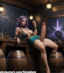  1futa 1futanari ai_generated elf elf_ears futaidom gesture hi_res highres huge_balls huge_cock huge_testicles indoors penis slender solo_futa stable_diffusion tavern testicles thick_penis thighs uncensored veins veiny_penis  rating:explicit score: user:uorufuta