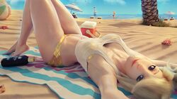 1girls 3d 4k barefoot beach bikini blender blizzard_entertainment blonde_hair blue_eyes feet female female_only forceballfx gold_bikini highres long_hair mercy overwatch solo rating:Questionable score:138 user:d0p4mine