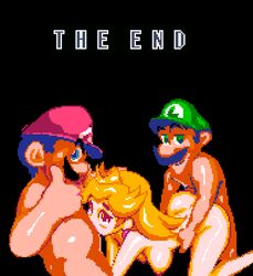 1girls 2boys black_background blonde_hair blue_eyes breasts brown_eyes cap crown doggy_style earrings female from_behind green_eyes hat long_hair looking_at_viewer luigi male mario mario_(series) moustache nintendo nipples nude oral pixel_art princess_peach sex spitroast straight super_mario_world threesome thumbs_up vinesauce_reference yev-san rating:Explicit score:71 user:Zomdra