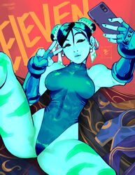 1girls cammy_white_(cosplay) chun-li cosplay edit eleven_(street_fighter) female female_only leotard peace_sign selfie solo solo_female street_fighter v vashperado rating:Questionable score:50 user:MordexaiRR