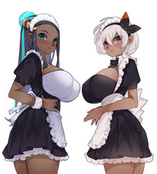 2girls apron bangs bea_(pokemon) black_hair blue_eyes blue_highlights bow_hairband breasts dark-skinned_female detached_collar grey_eyes hair_bun headband highlights_(coloring) large_breasts long_hair maid maid_apron maid_headdress maid_uniform nessa_(pokemon) nintendo pokemon pokemon_ss short_hair sumisumii white_hair wrist_cuffs rating:Questionable score:209 user:gusat