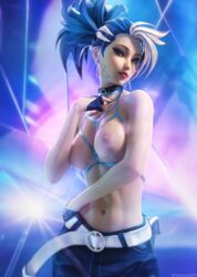 1girls akali areolae belt blue_eyes blue_hair breasts earrings female female_only k/da_all_out_akali k/da_all_out_series k/da_series league_of_legends lipstick long_fingernails looking_away mascara medium_breasts navel nipples pinup ponytail purple_nail_polish seductive_look solo therealzoh tied_hair topless two_tone_hair white_hair rating:Questionable score:455 user:Zomdra