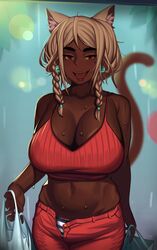 1girls breasts brown-haired_catgirl_(kevbot) catgirl cleavage dark-skinned_female dark_skin female female_only huge_breasts kevbot mature_female milf original solo rating:Questionable score:112 user:justausername