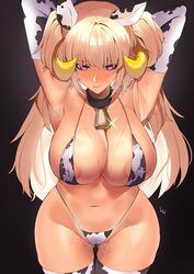 1girls 2021 animal_ears areola_slip areolae armpits arms_behind_head arms_up ass_visible_through_thighs belly_button bikini blonde_hair blush breasts choker cow_bikini cow_ears cow_horns cow_print cowbell dark-skinned_female dark_background dark_elf dark_elven_forest_ranger dark_elven_forest_ranger_(cowgirl_bikini) dark_skin elf embarrassed erect_nipples_under_bikini erect_nipples_under_clothes female female_focus female_only gloves hands_behind_head highleg_bikini horns hourglass_figure large_areolae large_breasts last_origin lilycious lipstick long_gloves long_hair looking_down micro_bikini nipples purple_eyes shiny_skin slim_waist submissive_female swimsuit tan-skinned_female tan_skin thick_thighs thigh_gap thighhighs thighs twintails wet wet_breasts wide_hips rating:Questionable score:198 user:Cero_Oscuras