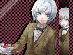  1boy blue_eyes cup emilio gloves male_focus photoshop_(medium) solo tea white_hair will_o'_wisp_(game)  rating:safe score: user:bot