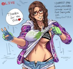 1girls bb_(baalbuddy) bikini braids colorized ddl edit english_text female glasses julia_chang large_breasts lifting_shirt namco navel shirt_lift smiling solo streamer streaming striped_bikini swimsuit_under_clothes tekken tekken_7 text twin_braids v rating:Questionable score:267 user:ddeluna