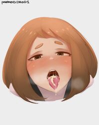 1girls after_ejaculation after_fellatio after_oral blush blushing brown_eyes brown_hair cum cum_in_mouth cum_on_tongue female femsub half-closed_eyes heavy_breathing light-skinned_female light_brown_hair light_skin my_hero_academia ochako_uraraka open_mouth oral oral_creampie oral_cumshot paranoiddroid saliva saliva_string saliva_trail short_hair shounen_jump tongue_out uvula yellow_cum rating:Questionable score:404 user:Bikuta69