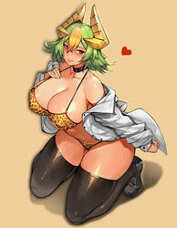 1girls absurdres alternate_costume animal_print bare_thighs beige_background big_breasts bikini black_footwear black_legwear blonde_hair breasts brown_collar collar collarbone dark-skinned_female eyebrows_visible_through_hair female fire_emblem fire_emblem_heroes full_body green_hair gurimjang heart highres horns kneeling laegjarn_(fire_emblem) large_breasts leopard_print lips long_sleeves looking_at_viewer multicolored_hair nintendo print_bikini red_eyes revealing_clothes shadow shirt shoes short_hair smile solo solo_female swimsuit thighhighs thighs two-tone_hair white_shirt yellow_bikini rating:Questionable score:177 user:kris923