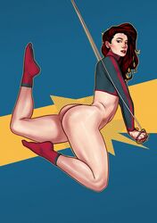 1girls abstract_background ass bottomless dima_ivanov long_hair marvel mary_jane_watson midair pinup pinup_pose pose red_hair rope solo spider-man_(series) thighs rating:Questionable score:90 user:bionika1