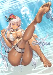 barefoot bikini breasts cleavage cuboon dark_skin elmina_(evertale) evertale feet female flower front-tie_top garter hair_flower hair_ornament high_resolution large_breasts lavender_hair long_hair looking_at_viewer navel parted_lips pointed_ears purple_eyes side-tie_bikini smile soles solo swimsuit underwater white_bikini white_swimsuit rating:Questionable score:135 user:Frostex