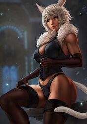 1girls big_breasts breasts bustier cat_ears cat_girl cat_tail cleavage clothed clothing corset dandon_fuga dark-skinned_female dark_skin female female_focus female_only final_fantasy final_fantasy_xiv fingerless_gloves fur fur_trim gloves grey_eyes lingerie long_gloves miqo'te nekomimi short_hair sitting smile solo solo_female solo_focus square_enix stockings thighhighs thighs toned toned_female underwear white_hair y'shtola rating:Safe score:148 user:Hentai_Bro69