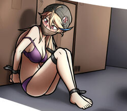 1girls arms_behind_back beanie big_breasts blonde_hair blush bondage bound bra bra_strap breasts cleavage feet female gag gagged hat legs_together leuedai_(magnolia-baillon) long_hair magnolia-baillon matching_underwear mole mole_under_eye off_shoulder omniv original original_character panties purple_bra purple_panties solo toes two_tone_hair zip_tie rating:Questionable score:35 user:red3301