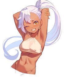 1girls ;) breasts brown_eyes dark-skinned_female dark_skin female female female_focus female_only kinta_(distortion) long_ponytail looking_at_viewer navel nipple_bulge one_eye_closed ponytail smile tagme tan tan_skin underboob white_hair rating:Explicit score:110 user:CalZone