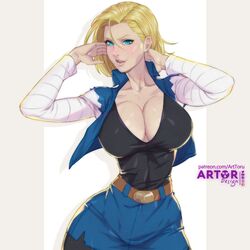 1girls alternate_version_available android_18 arttoru blonde_hair blue_eyes cameltoe cleavage curvy dragon_ball dragon_ball_z female female_only fully_clothed high_waisted_pants huge_ass huge_breasts no_eyewear short_hair solo thick_lips voluptuous wide_hips rating:Safe score:187 user:JesusIsWatching