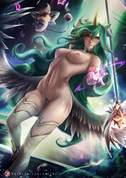 axsens breasts choker cum cum_on_body cum_on_breasts green_eyes green_hair green_pubic_hair horn league_of_legends long_hair looking_at_viewer naked riot_games soraka star_guardian_series star_guardian_soraka stockings wings rating:Explicit score:238 user:notloserinfuture