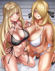 2girls alternate_breast_size big_breasts bikini black_nails blonde_hair blush breasts cintia_(pokémon) cynthia_(pokemon) eye_contact female green_nails hikari_(komitiookami) huge_breasts long_hair looking_at_viewer lusamine_(pokemon) mature_female milf nail_polish nintendo nipple_bulge pokémon pokemon pokemon_champion pokemon_dppt pokemon_sm samina_(pokémon) squatting rating:Questionable score:229 user:Bikuta69