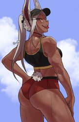 1girls artist_signature ass back_muscles back_view bunny_tail cloud dark-skinned_female dark_skin exercise_clothing female gud0c hat hi_res looking_at_viewer looking_back miruko muscular muscular_female my_hero_academia rabbit_ears red_eyes rumi_usagiyama smile solo sports_bra sun_visor sweat tank_top toned toned_female tongue tongue_out white_hair rating:Questionable score:496 user:Irrbahn