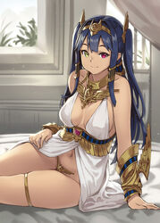 1girls arm_guards arm_support babydoll bare_shoulders bed bed_sheet black_hair blue_hair blurry bracer breasts c-string circlet cleavage closed_mouth collar collarbone curvy depth_of_field egyptian egyptian_clothes eyeliner female female_only fully_clothed hair_tubes hairband hand_on_hip heterochromia horus_(houtengeki) houtengeki indoors leaning_to_the_side long_hair looking_at_viewer makeup medium_breasts navel no_pants on_bed original peliazulyp pink_eyes sideboob sidelocks sitting skindentation sleeveless smile solo stomach strapless_bottom thighlet underbust wide_hips window yellow_eyes yokozuwari rating:Questionable score:131 user:JJA122