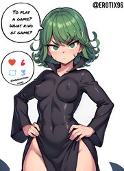  1girls ai_generated big_butt black_dress bottom_heavy clothing curly_hair curvy erotix96 female female_only green_hair hands_on_hips long_sleeves looking_at_viewer nipples one-punch_man petite petite_body petite_female short_hair simple_background small_breasts smaller_female solo speech_bubble strip_game tatsumaki thick_thighs thighs white_background  rating:questionable score: user:erotix96