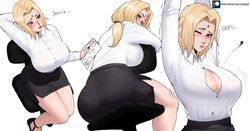 1girls big_ass blonde_hair blush boruto:_naruto_next_generations breasts brown_eyes button_pop cleavage costume echosaber female female_focus female_only fully_clothed huge_breasts long_hair naruto office_lady one_eye_closed shirt shounen_jump sitting sitting_backwards skirt solo stretching teacher text tsunade wardrobe_malfunction rating:Questionable score:741 user:ShaXBlur