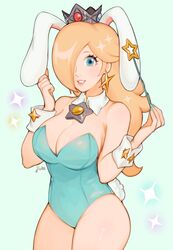 1girls animal_ears big_breasts blonde_hair blue_background blue_eyes blue_leotard blue_nails breasts bunny_ears bunny_girl bunny_tail bunnysuit cleavage fake_animal_ears fake_tail female female_only fully_clothed hair_over_one_eye jivke leotard long_hair mario_(series) nail_polish nintendo one_eye_covered princess_rosalina simple_background smile solo standing strapless strapless_leotard tail thick_thighs thighs wand wrist_cuffs rating:Questionable score:149 user:Flermp