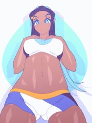 1girls animated ass blue_eyes butt buttfang colored_hair dancing dark-skinned_female dark_skin female female_only gif gym_leader holding_breast human human_only navel nessa_(pokemon) nintendo pokemon pokemon_ss shiny_skin shorts solo solo_female swimwear theobrobine thick_thighs thighs rating:Questionable score:205 user:blipty