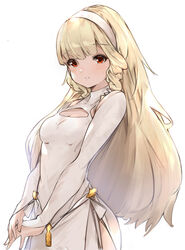  blonde_hair breasts commentary cowboy_shot detached_sleeves dress female hairband highres long_hair looking_at_viewer majo_(pastamajo) maquia_(sayoasa) own_hands_together photoshop_(medium) red_eyes ringlets sayonara_no_asa_ni_yakusoku_no_hana_wo_kazarou sidelocks simple_background small_breasts solo white_background white_dress  rating:safe score: user:bot