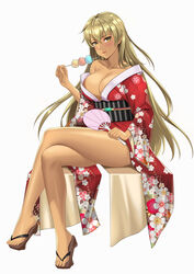 1girls absurdres alternate_costume barefoot big_breasts blonde_hair blush breasts chungmechanic cleavage commission dango dark-skinned_female dark_skin dress eating feet female fire_emblem fire_emblem:_the_binding_blade food full_body geta highres igrene_(fire_emblem) japanese_clothes kimono large_breasts long_hair looking_at_viewer naked_kimono nintendo obi off_shoulder print_kimono sandals simple_background smile soles solo solo_female toes uchiwa wagashi white_background yellow_eyes rating:Questionable score:71 user:kris923