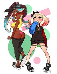 alternate_costume bandana black_hair blush chocolate_and_vanilla crop_top dark_skin green_eyes hoodie inkling iseenudepeople looking_at_viewer marina_(splatoon) nintendo octoling panties panties_down pearl_(splatoon) splatoon splatoon_2 splatoon_2:_octo_expansion white_hair white_skin yellow_eyes yoga_pants rating:Explicit score:173 user:RatherNotSay