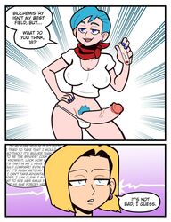 1futa 1girls 2koma android_18 balls balls_in_panties big_penis blonde_hair bottomless breasts bulma_briefs clothed clothing dialogue dirty_talk dragon_ball dragon_ball_z duo female futanari futanari_transformation getting_horny half-closed_eyes hand_on_hip human light_skin milf no_eyewear pale_skin partially_clothed penis penis_awe penis_growth post_transformation pubic_hair scarf secretly_loves_it shamefuldisplay short_hair size_worship smug standing temptation tempting_another text thought_bubble uncensored unimpressed rating:Explicit score:217 user:Tag-orum