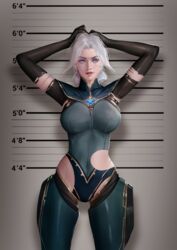 blue_eyes camille_ferros clothed clothing firolian hands_above_head hextech league_of_legends looking_at_viewer mugshot realistic smile smiling tagme torn_clothes torn_clothing white_hair_female rating:Safe score:329 user:Riventt