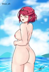 1girls 2021 ass beach breasts detailed_background flame highres izai_ah izaiah_(artist) nipples pyra red_eyes red_hair xenoblade_(series) xenoblade_chronicles_2 rating:Explicit score:14 user:IzaiAH