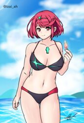 1girls 2021 beach bikini breasts detailed_background flame highres izai_ah izaiah_(artist) pyra red_eyes red_hair swimsuit xenoblade_(series) xenoblade_chronicles_2 rating:Explicit score:21 user:IzaiAH