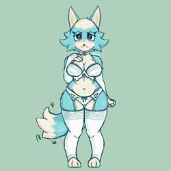 2021 animal_crossing anthro big_breasts blue_fur blush breasts cleavage female female_focus female_only furry gammainks innocent lingerie looking_at_viewer nintendo skye_(animal_crossing) thick_thighs thighs wolf rating:Explicit score:20 user:Gamma1658