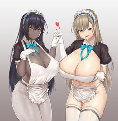 2021 2girls apron asuna_(blue_archive) big_breasts blue_archive blue_eyes blush bow breasts cleaning_&_clearing_(blue_archive) cleavage covered_navel covered_nipples dark-skinned_female dark_skin eyebrows eyebrows_visible_through_hair female female_focus female_only gloves gradient_background hand_on_breast hand_on_own_breast hand_on_own_chest hand_under_breast holding_hands karin_(blue_archive) legwear looking_at_viewer maid maid_headdress millennium_science_school_student nipples_visible_through_clothing oerba_yun_fang pants simple_background standing tight_pants white_apron white_gloves white_legwear white_pants yellow_eyes zb_(xucz8527) rating:Questionable score:213 user:St1rolvamp3ler