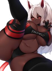 1girls black_nails black_sclera catgirl coco_(bakeneko) dark-skinned_female dark_skin eyebrows_visible_through_hair female female_only fingerless_gloves gloves glowing_tail kemonomimi large_breasts looking_at_viewer original red_eyes smile solo sportswear suruga_(xsurugax) thick_thighs thighhighs very_dark_skin white_hair rating:Questionable score:401 user:A_perv_with_a_controller