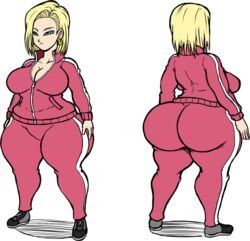 1:1 1girls android_18 big_ass blonde_hair blue_eyes cleavage demonroyal dragon_ball dragon_ball_super earrings front_and_back milf no_eyewear thick_thighs track_suit white_background rating:Explicit score:112 user:Sagi-shi