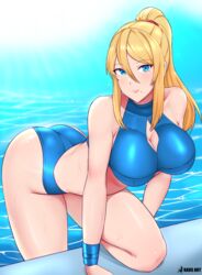 1girls alternate_breast_size ass big_ass big_breasts blonde_hair blue_eyes breasts cleavage female female_only human human_only kaos_art large_breasts metroid mole mole_under_mouth nintendo pool samus_aran shiny_hair shiny_skin solo sportswear swimsuit thighs water wrist_cuffs rating:Safe score:347 user:dipmcon